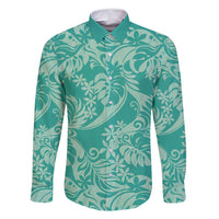 Tahiti Teal Tiare Floral Family Matching Off Shoulder Short Dress and Hawaiian Shirt Monstera Palm Tropical Leaves LT01 Dad's Shirt - Long Sleeve Teal - Polynesian Pride