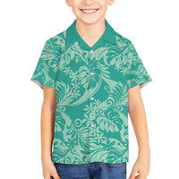 Tahiti Teal Tiare Floral Family Matching Off Shoulder Short Dress and Hawaiian Shirt Monstera Palm Tropical Leaves LT01 Son's Shirt Teal - Polynesian Pride