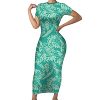 Tahiti Teal Tiare Floral Family Matching Short Sleeve Bodycon Dress and Hawaiian Shirt Monstera Palm Tropical Leaves LT01 Mom's Dress Teal - Polynesian Pride