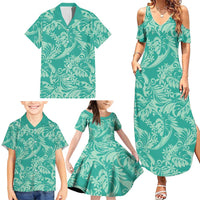 Tahiti Teal Tiare Floral Family Matching Summer Maxi Dress and Hawaiian Shirt Monstera Palm Tropical Leaves LT01 - Polynesian Pride