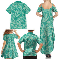 Tahiti Teal Tiare Floral Family Matching Summer Maxi Dress and Hawaiian Shirt Monstera Palm Tropical Leaves LT01 - Polynesian Pride