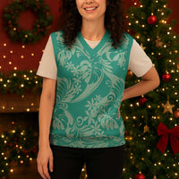 Tahiti Teal Tiare Floral Christmas Knitted V-Neck Vest Monstera Palm Tropical Leaves - Polynesian Pride