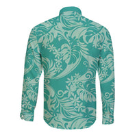 Tahiti Teal Tiare Floral Long Sleeve Button Shirt Monstera Palm Tropical Leaves - Polynesian Pride