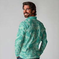 Tahiti Teal Tiare Floral Long Sleeve Polo Shirt Monstera Palm Tropical Leaves - Polynesian Pride