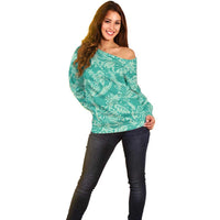 Tahiti Teal Tiare Floral Off Shoulder Sweater Monstera Palm Tropical Leaves - Polynesian Pride