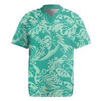 Tahiti Teal Tiare Floral Rugby Jersey Monstera Palm Tropical Leaves - Polynesian Pride