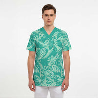 Tahiti Teal Tiare Floral Scrub Top Monstera Palm Tropical Leaves - Polynesian Pride