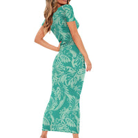 Tahiti Teal Tiare Floral Short Sleeve Bodycon Dress Monstera Palm Tropical Leaves LT01 - Polynesian Pride