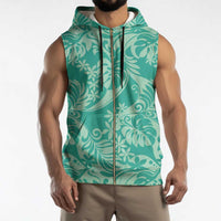 Tahiti Teal Tiare Floral Sleeveless Zip Hoodie Monstera Palm Tropical Leaves - Polynesian Pride