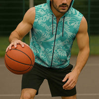 Tahiti Teal Tiare Floral Sleeveless Zip Hoodie Monstera Palm Tropical Leaves LT01 - Polynesian Pride