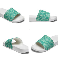 Tahiti Teal Tiare Floral Slide Sandals Monstera Palm Tropical Leaves - Polynesian Pride