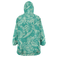 Tahiti Teal Tiare Floral Wearable Blanket Hoodie Monstera Palm Tropical Leaves - Polynesian Pride