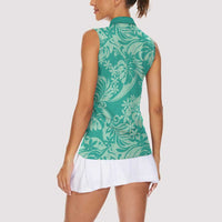 Tahiti Teal Tiare Floral Women Sleeveless Polo Shirt Monstera Palm Tropical Leaves - Polynesian Pride