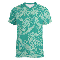 Tahiti Teal Tiare Floral Women V-Neck T-Shirt Monstera Palm Tropical Leaves - Polynesian Pride