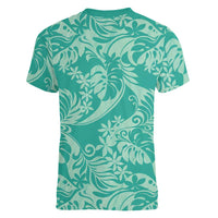 Tahiti Teal Tiare Floral Women V-Neck T-Shirt Monstera Palm Tropical Leaves - Polynesian Pride