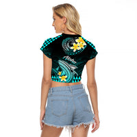 Hawaii Raglan Cropped T Shirt Polynesian Shark with Kakau Turquoise Version LT01 - Polynesian Pride