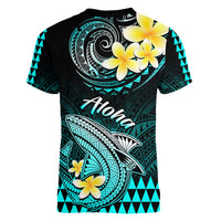 Hawaii Women V Neck T Shirt Polynesian Shark with Kakau Turquoise Version LT01 - Polynesian Pride
