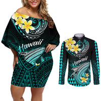 Personalised Hawaii Couples Matching Off Shoulder Short Dress and Long Sleeve Button Shirts Polynesian Shark with Kakau Turquoise Version LT01 Turquoise - Polynesian Pride