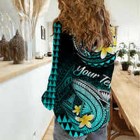 Personalised Hawaii Women Casual Shirt Polynesian Shark with Kakau Turquoise Version LT01 - Polynesian Pride
