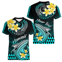 Personalised Hawaii Women V Neck T Shirt Polynesian Shark with Kakau Turquoise Version LT01 - Polynesian Pride