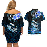 Hawaii Couples Matching Off Shoulder Short Dress and Hawaiian Shirt Polynesian Shark with Kakau Blue Version LT01 - Polynesian Pride
