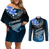 Hawaii Couples Matching Off Shoulder Short Dress and Long Sleeve Button Shirts Polynesian Shark with Kakau Blue Version LT01 Blue - Polynesian Pride