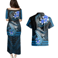 Hawaii Couples Matching Puletasi Dress and Hawaiian Shirt Polynesian Shark with Kakau Blue Version LT01 - Polynesian Pride