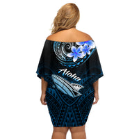 Hawaii Off Shoulder Short Dress Polynesian Shark with Kakau Blue Version LT01 - Polynesian Pride