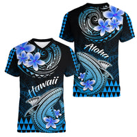 Hawaii Women V Neck T Shirt Polynesian Shark with Kakau Blue Version LT01 - Polynesian Pride