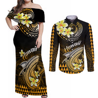 Hawaii Couples Matching Off Shoulder Maxi Dress and Long Sleeve Button Shirts Polynesian Shark with Kakau Gold Version LT01 Gold - Polynesian Pride