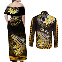 Hawaii Couples Matching Off Shoulder Maxi Dress and Long Sleeve Button Shirts Polynesian Shark with Kakau Gold Version LT01 - Polynesian Pride
