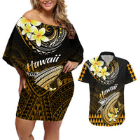 Hawaii Couples Matching Off Shoulder Short Dress and Hawaiian Shirt Polynesian Shark with Kakau Gold Version LT01 Gold - Polynesian Pride