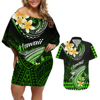 Hawaii Couples Matching Off Shoulder Short Dress and Hawaiian Shirt Polynesian Shark with Kakau Green Version LT01 Green - Polynesian Pride