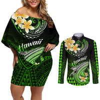 Hawaii Couples Matching Off Shoulder Short Dress and Long Sleeve Button Shirts Polynesian Shark with Kakau Green Version LT01 Green - Polynesian Pride