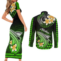 Hawaii Couples Matching Short Sleeve Bodycon Dress and Long Sleeve Button Shirts Polynesian Shark with Kakau Green Version LT01 - Polynesian Pride