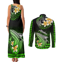 Hawaii Couples Matching Tank Maxi Dress and Long Sleeve Button Shirts Polynesian Shark with Kakau Green Version LT01 - Polynesian Pride