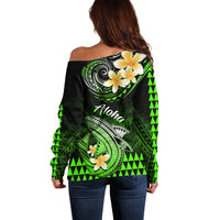 Hawaii Off Shoulder Sweater Polynesian Shark with Kakau Green Version LT01 - Polynesian Pride