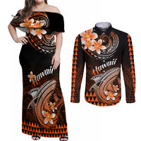 Hawaii Couples Matching Off Shoulder Maxi Dress and Long Sleeve Button Shirts Polynesian Shark with Kakau Orange Version LT01 Orange - Polynesian Pride