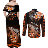 Hawaii Couples Matching Off Shoulder Maxi Dress and Long Sleeve Button Shirts Polynesian Shark with Kakau Orange Version LT01 - Polynesian Pride