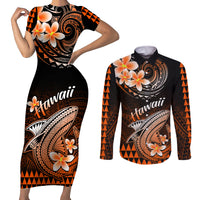 Hawaii Couples Matching Short Sleeve Bodycon Dress and Long Sleeve Button Shirts Polynesian Shark with Kakau Orange Version LT01 Orange - Polynesian Pride