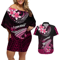 Hawaii Couples Matching Off Shoulder Short Dress and Hawaiian Shirt Polynesian Shark with Kakau Pink Version LT01 Pink - Polynesian Pride