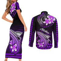 Hawaii Couples Matching Short Sleeve Bodycon Dress and Long Sleeve Button Shirts Polynesian Shark with Kakau Purple Version LT01 - Polynesian Pride