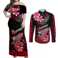 Hawaii Couples Matching Off Shoulder Maxi Dress and Long Sleeve Button Shirts Polynesian Shark with Kakau Red Version LT01 Red - Polynesian Pride