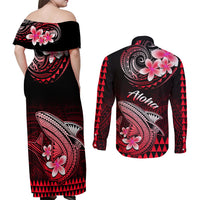 Hawaii Couples Matching Off Shoulder Maxi Dress and Long Sleeve Button Shirts Polynesian Shark with Kakau Red Version LT01 - Polynesian Pride