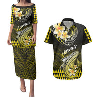 Hawaii Couples Matching Puletasi Dress and Hawaiian Shirt Polynesian Shark with Kakau Yellow Version LT01 Yellow - Polynesian Pride