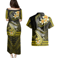 Hawaii Couples Matching Puletasi Dress and Hawaiian Shirt Polynesian Shark with Kakau Yellow Version LT01 - Polynesian Pride