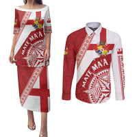 Custom Tonga Rugby Mate Maa Couples Matching Puletasi and Long Sleeve Button Shirt Ngatu Pattern LT01 Red - Polynesian Pride