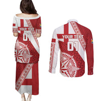 Custom Tonga Rugby Mate Maa Couples Matching Puletasi and Long Sleeve Button Shirt Ngatu Pattern LT01 - Polynesian Pride