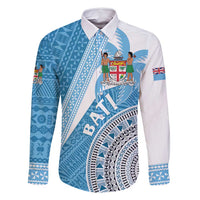 Custom Fiji Rugby Bati Family Matching Off Shoulder Short Dress and Hawaiian Shirt Tapa Pattern LT01 Dad's Shirt - Long Sleeve Blue - Polynesian Pride