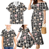 Hawaiian Ocean Seashells Family Matching Mermaid Dress and Hawaiian Shirt Black Palaka Pattern LT01 - Polynesian Pride